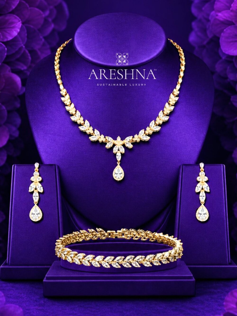 18K Gold Swarovski Bridal Wedding Floral Vine Teardrop 3Pcs Luxury Jewelry Set